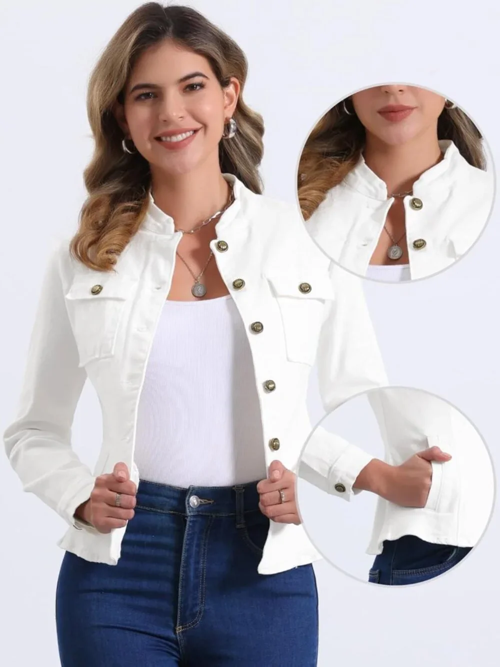 Women's White Classic Stand Collar Long Sleeve Denim Jackets Flap Chest Pockets